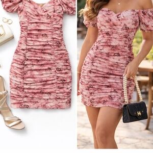 SHEIN Pink Floral Ruched Mini Dress